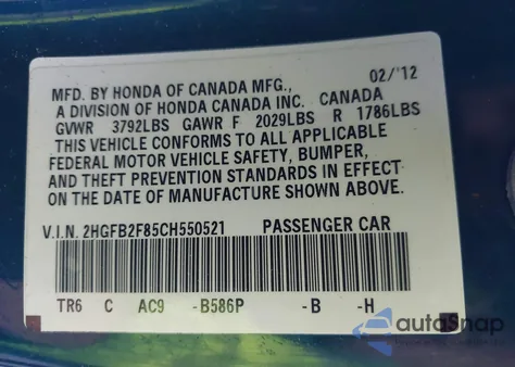 2012 Honda Civic Ex from USA, damaged, VIN 2HGFB2F85CH550521